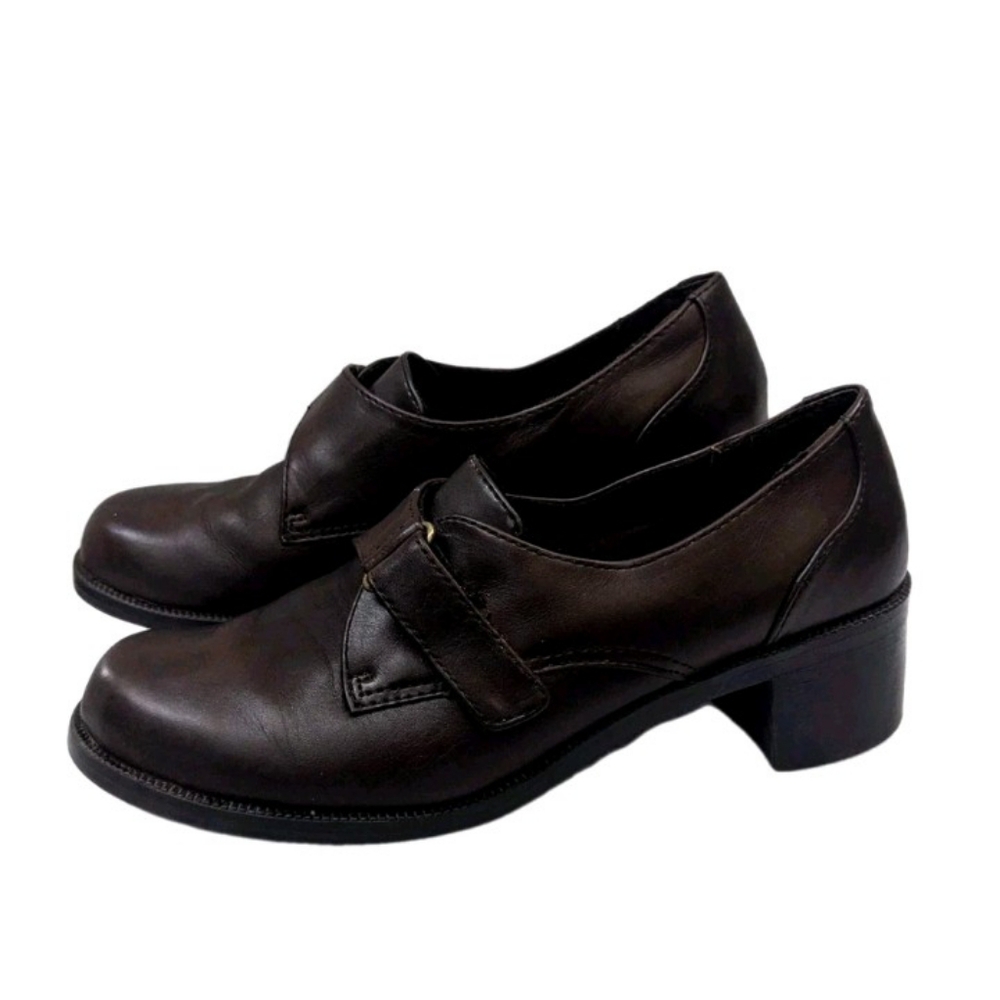 CROFT & BARROW Womens Leather Loafers Chunky Heel Brown Hook&Loop Strap Size 7M
